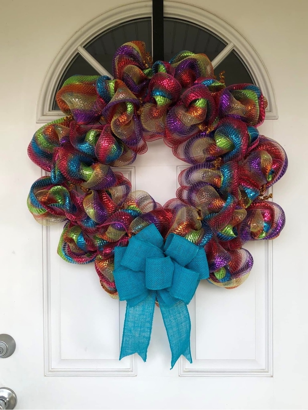 Handmade Rainbow Mesh Wreath with Teal Bow